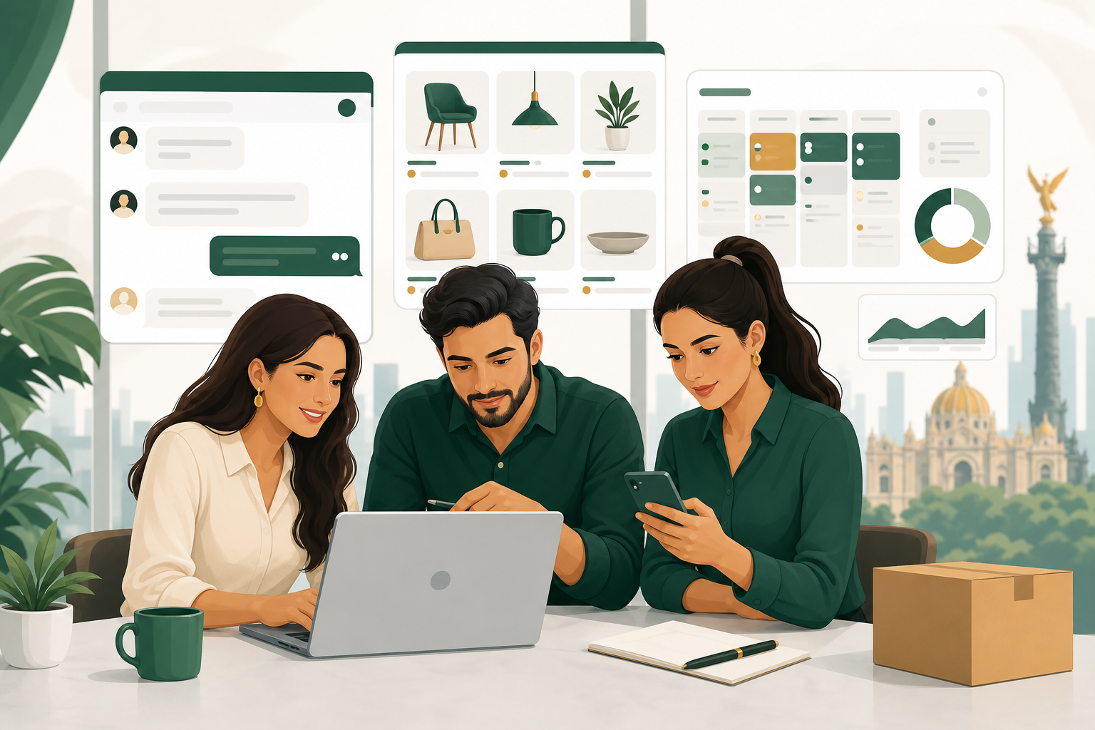 Equipo comercial revisando pedidos y conversaciones de WhatsApp en una laptop y teléfono