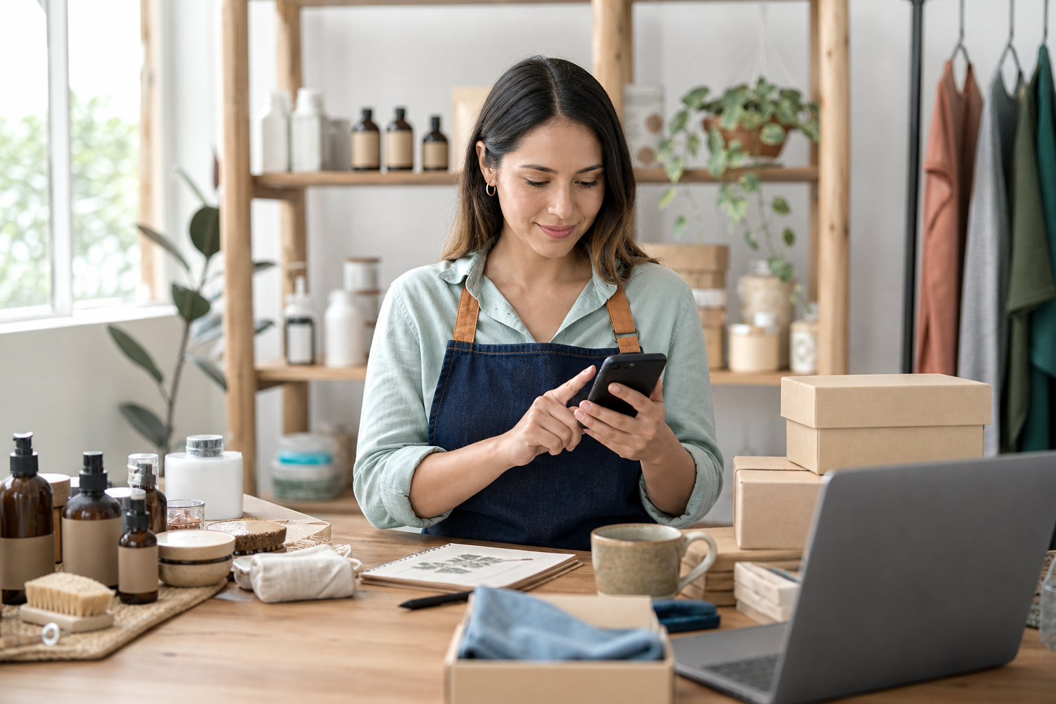 Emprendedora revisando un catálogo digital de productos desde su teléfono junto a artículos de su negocio.