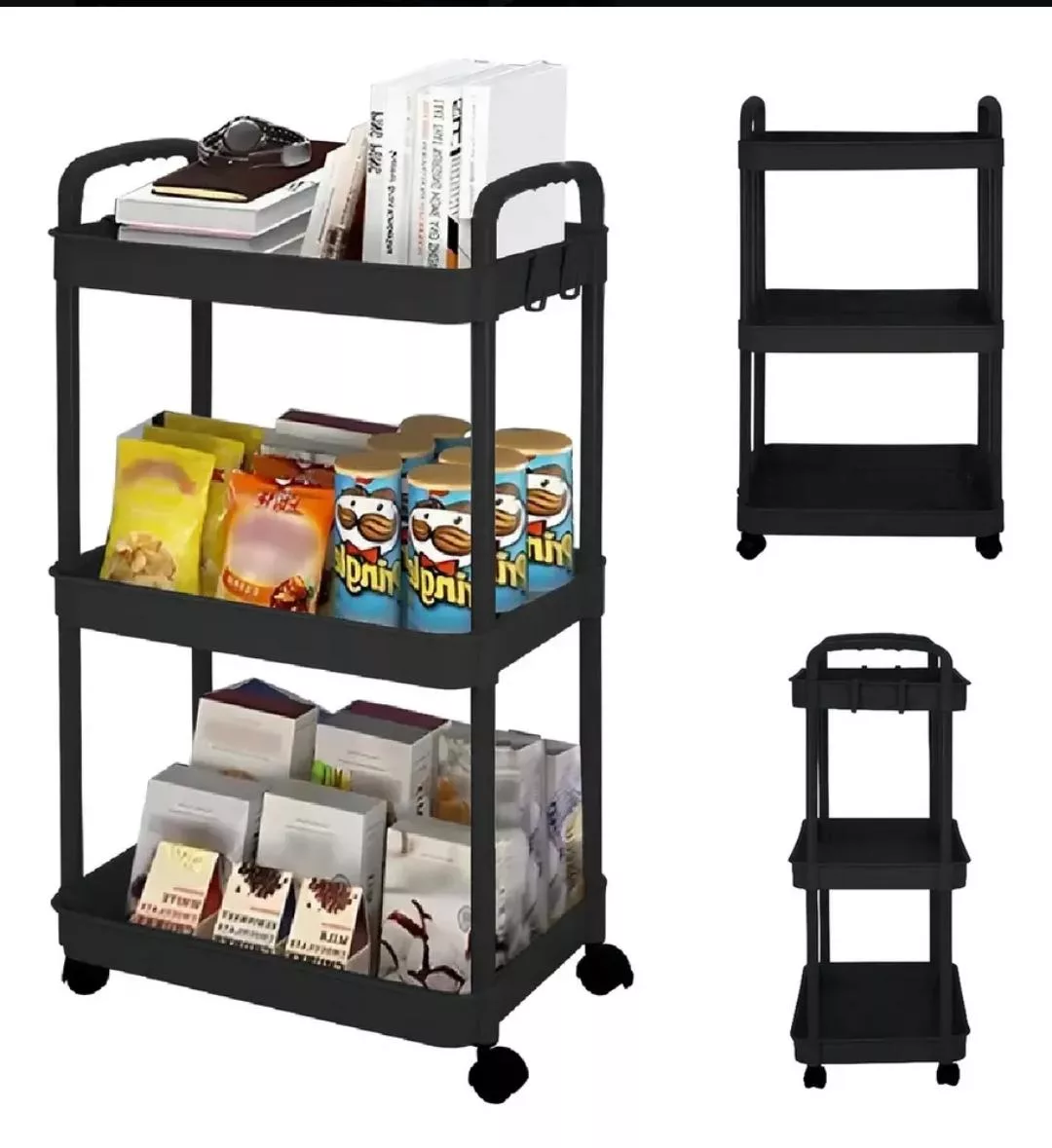 Carrito organizador de 3 niveles con ruedas de 71.5 de altura X 34.5 de ancho y 23 cms de fondo.