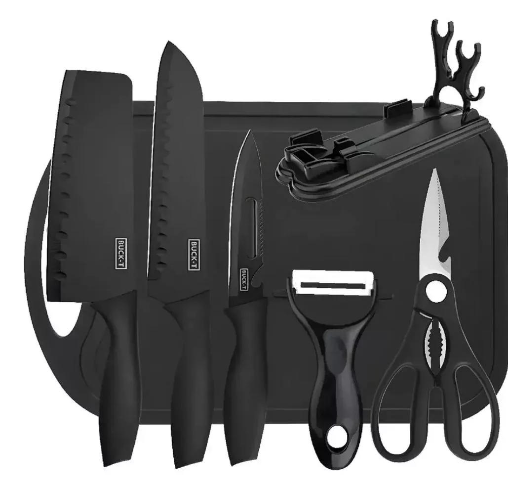 Set de cocina con cuchillos, tijeras, tabla y pelador