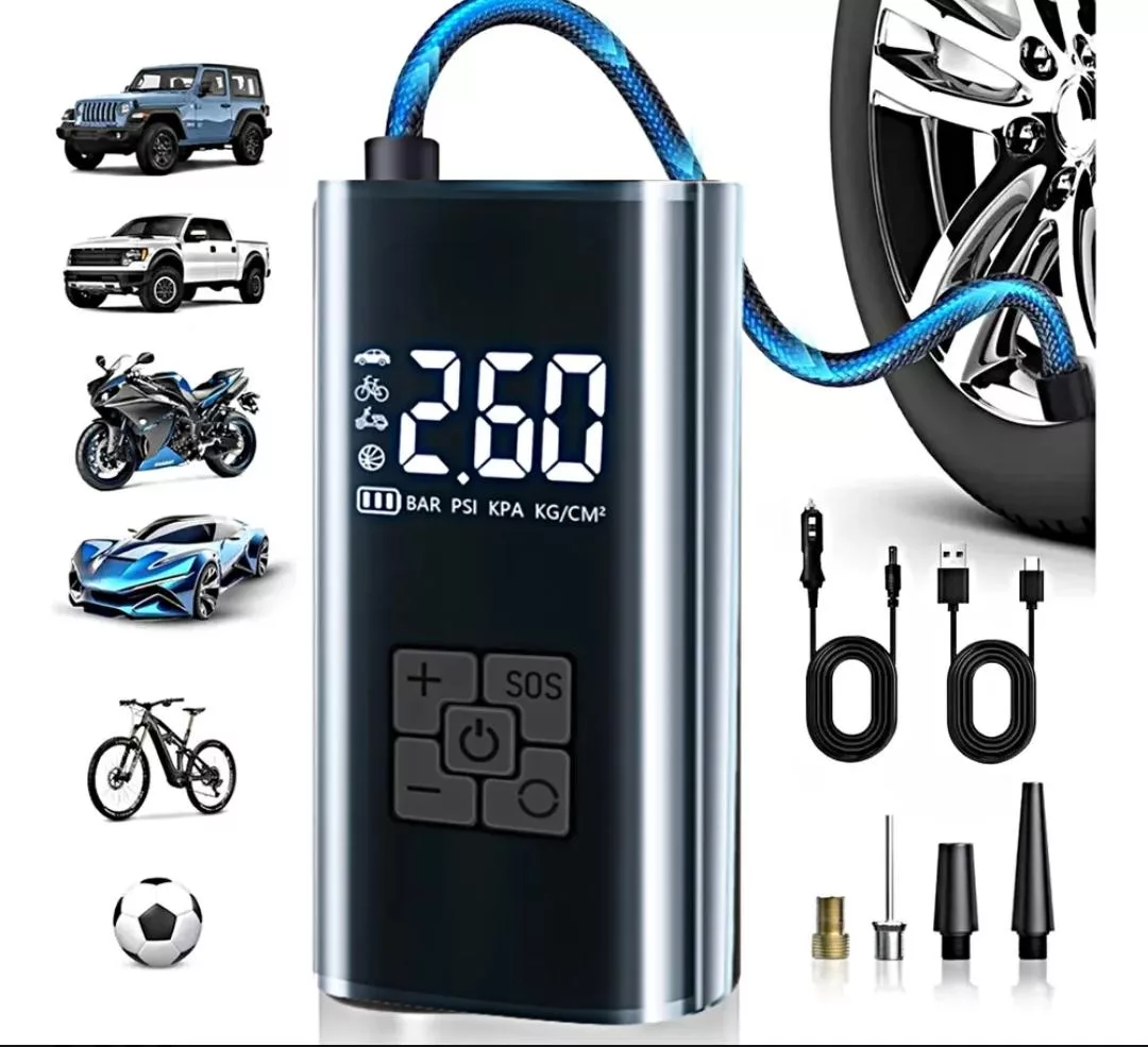Bomba mini compresor eléctrico portátil para llantas de autos, bicis,motos, balones, con iluminación led. Cargador para el tipo de entrada C. Presión de 150 psi.