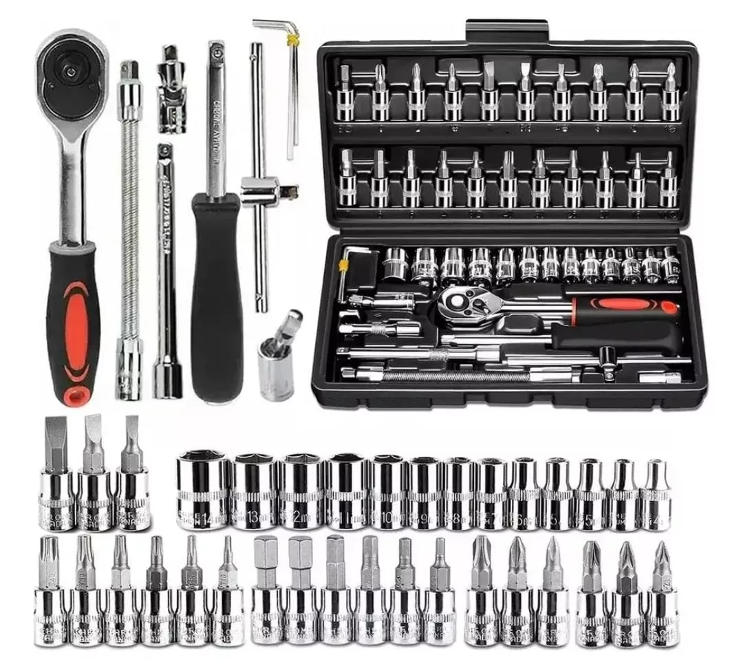 Juego de herramientas mecánicas de 46 piezas con dados y estuche plástico