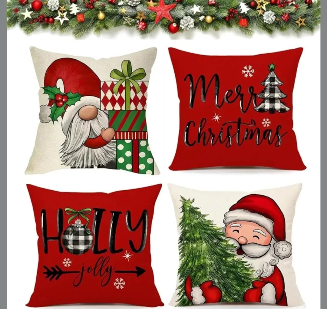 4 preciosas fundas de cojín Navideños de Lino de 45 X 45 centímetros. *Precio VEM $299 pesos*