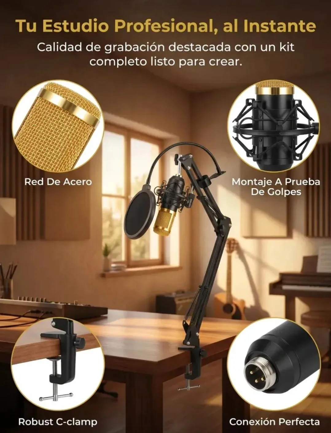 Kit  profesional de 10 piezas con micrófono para estudio, internet, radio o transmisiones con articulaciones color negro.