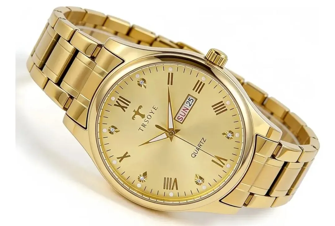 Precioso reloj dorado de cuarzo, de Acero inoxidable, impermeable con calendario, luminoso. Con estuche de regalo de lujo. Regalo Perfecto.