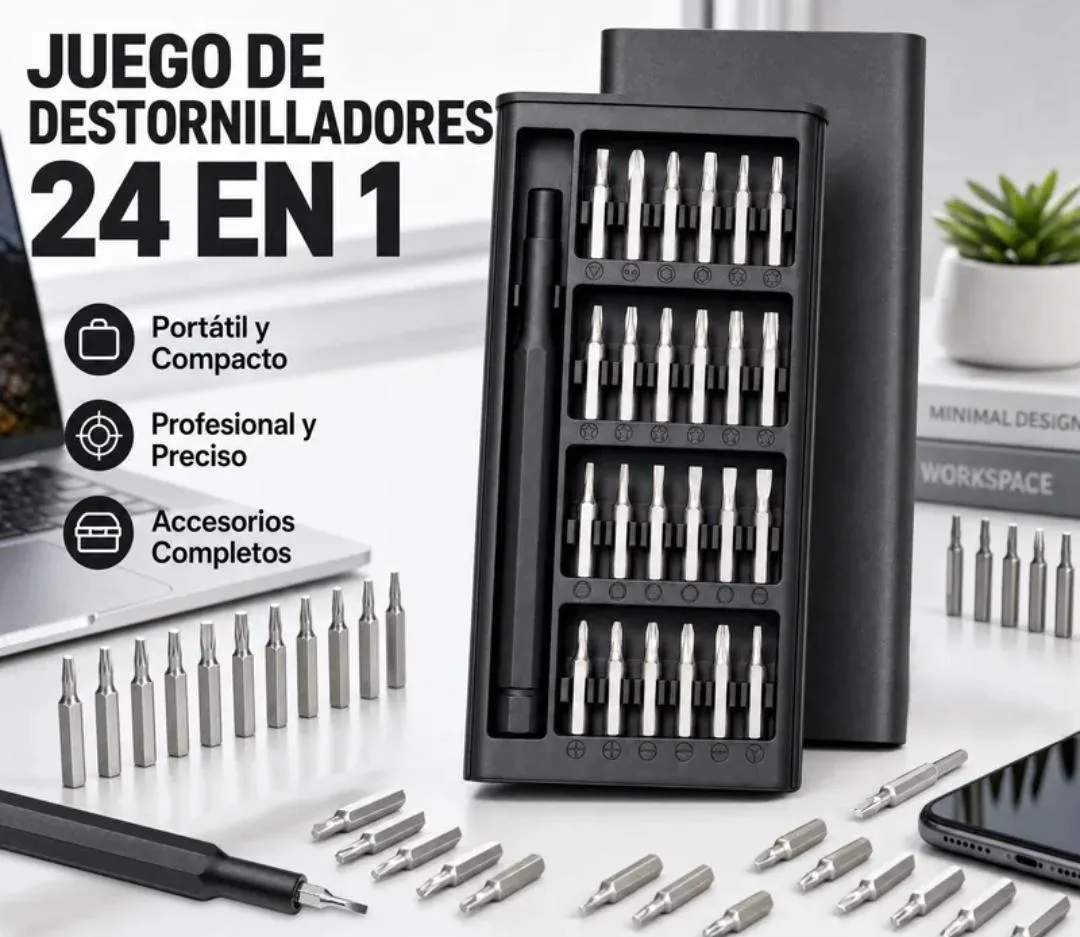 Kit de Herramienta Profesional de Destornillador de Aluminio con 24 puntas milimétrica y estuche con tapa deslizable suave.
