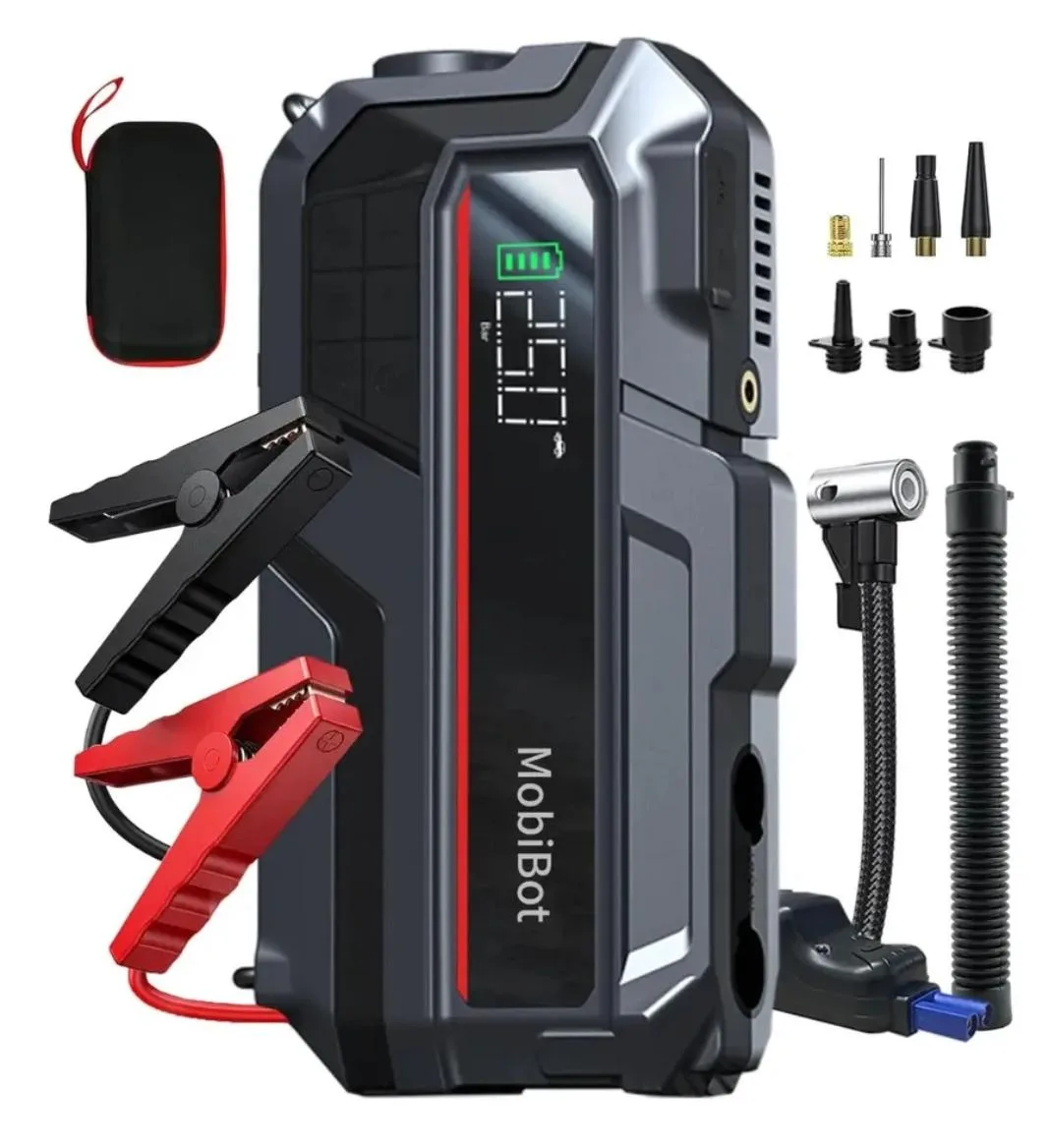 Arrancador De Batería Con Compresor de aire, Powerbank, Luz de Emergencia. inflador de balsas o albercas. Mobibot.