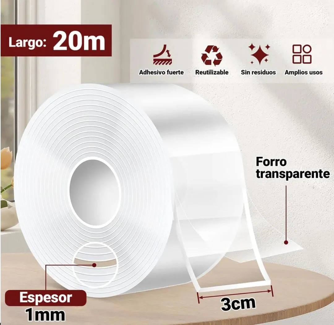 20 largos Metros de Cinta Adhesiva NANO EXTRA FUERTE Pega todo sin residuos para paredes cocina etc.